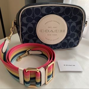 Coach denim signature crossbody with striped strap